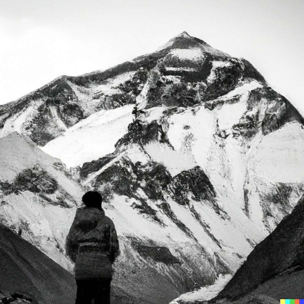 someone gazing at Mount Everest, photograph, black and white